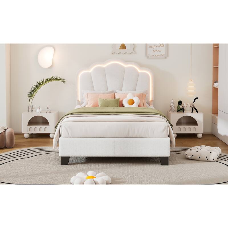 Sherpa Upholstered Flower-Shape Bed, Twin/Full Size, Adjustable LED Light Headboard, Modern Platform Bed with Wooden Slats