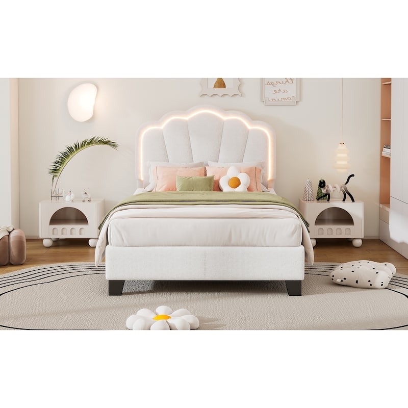 Twin Size Sherpa Fabric Upholstered Platform Bed with Floral Headboard and Wooden Slats
