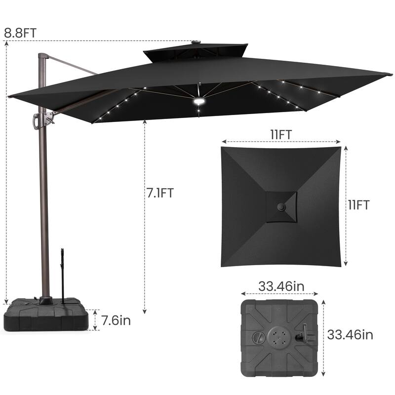 11 FT Outdoor Solar-Powered LED Light Aluminum Patio Cantilever Umbrella with Base