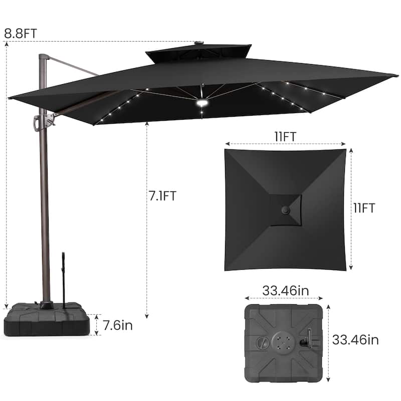 11 ft Outdoor Aluminum Dual Top Solar Powered LED Patio Cantilever Umbrella and Weighted Base with Wheels and Drag Rod