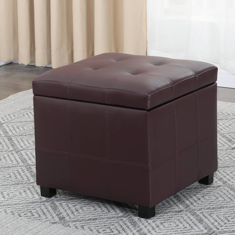 Adeco Square Tufted Storage Ottoman with Hidden Space - Coffee