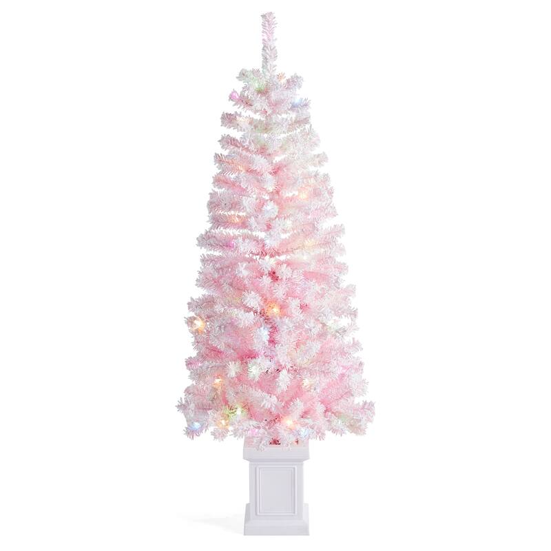 Glitzhome 4ft/5ft Pre-Lit Flocked Pink Artificial Christmas Porch Tree with Foot Pedal LED Lights