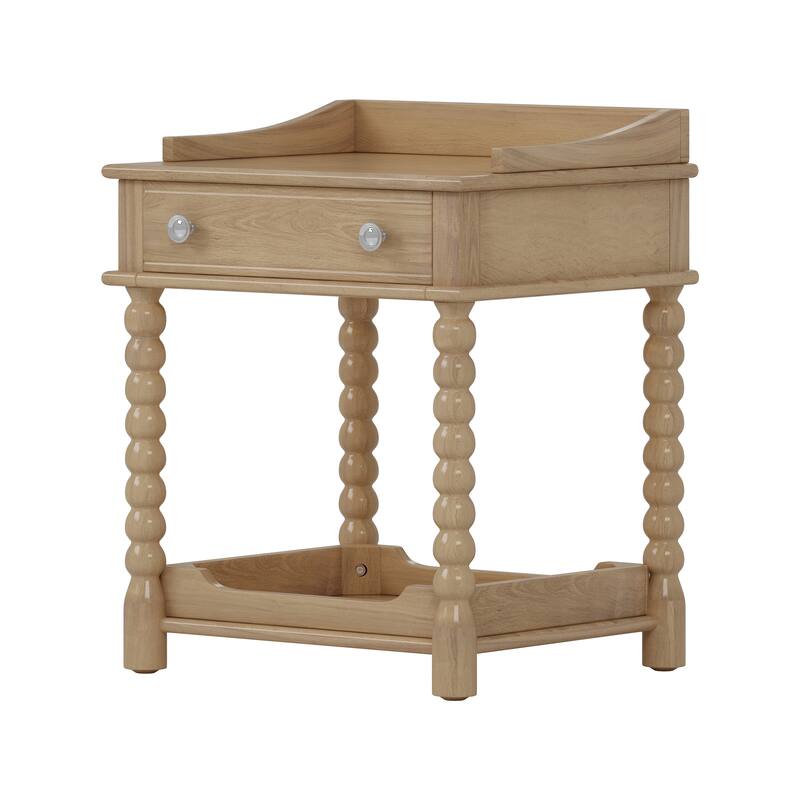 Retro Style Nightstand with Drawer & Open Shelf - Turned Legs Bedside Table with Metal Handle (Natural)