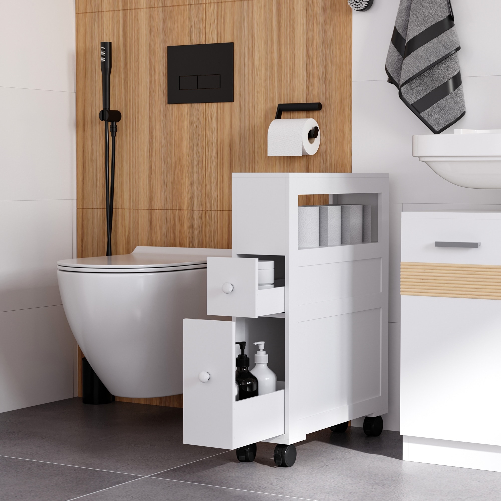 Wood Rolling Narrow Bathroom Side Storage Cabinet