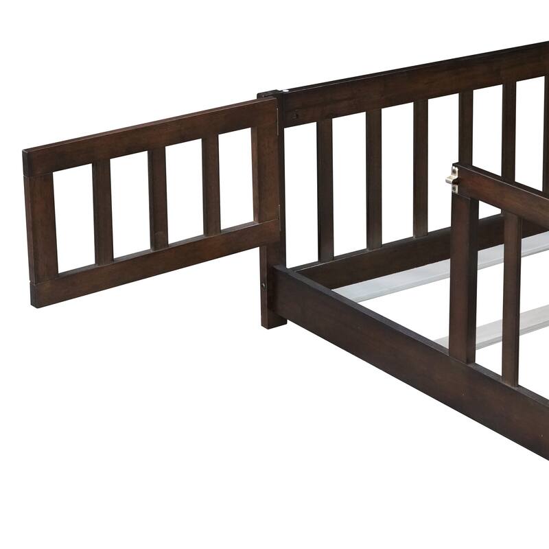 Twin Size Floor Bed with Fence and Door,Rubber Wood Floor Bed with Safety