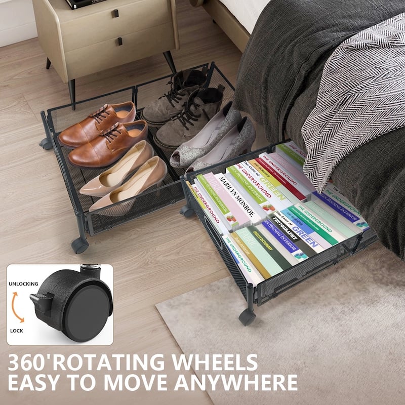 Innovaze Under Bed Storage Containers with Wheels, 2-Pack - Foldable Metal Rolling Organizers for Clothes, Bedding & Toys