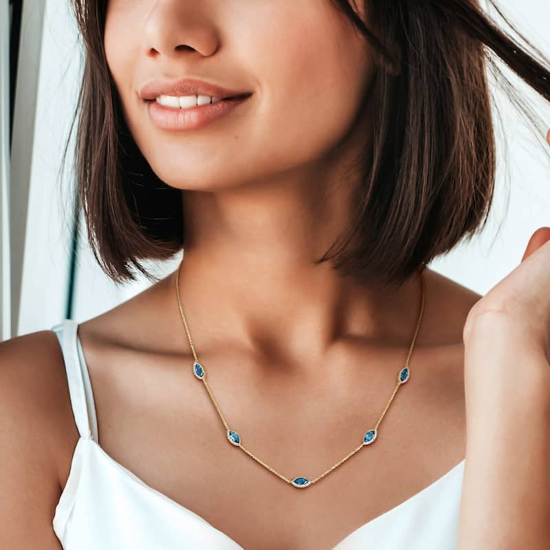 Miadora 3 1/6ct TGW London Blue Topaz 1/4ct TW Diamond Station Necklace in 14k Yellow Gold