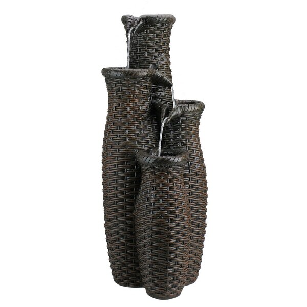 27" Brown Woven Wicker Inspired 4-Tier Outdoor Garden Water Fountain - N/A