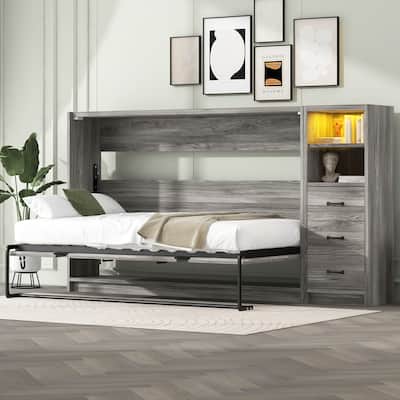 Twin Size Murphy Bed Chest with 3 Drawers and LED Light, Wooden Hidden Wall Beds can be Folded into a Cabinet