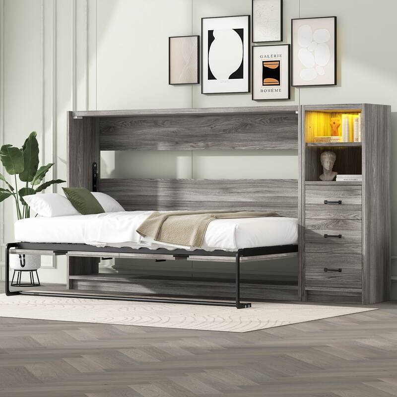 Twin Size Murphy Bed with LED Lights & Storage Drawers - Folds into Cabinet, Space-Saving Wall Bed - Grey