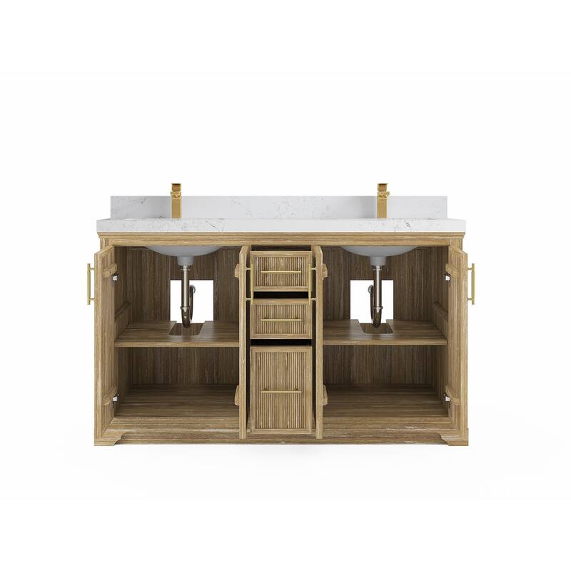 Willow Collections 60 x 22 Alys Solid Teak Wood Double Sink Bathroom Vanity with Quartz or Marble Countertop