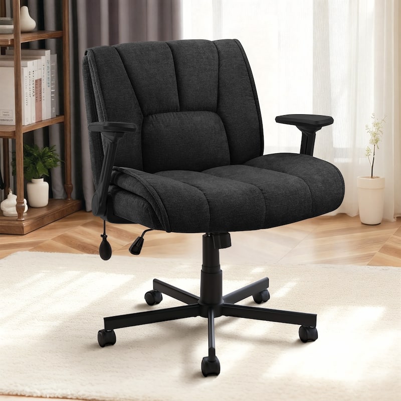BOSSIN Criss Cross Office Chair with Flip-Up Arms - Wide Seat Desk Chair with Dynamic Airbag Lumbar Support & Wheels - Black
