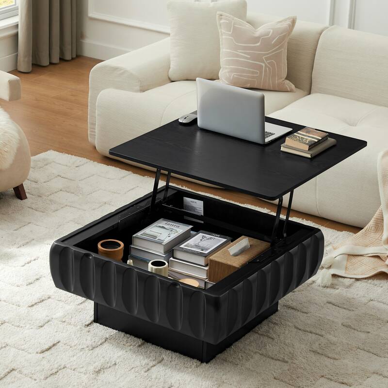 Square Lift-Top Coffee Table with Solid Wood Frame and Hidden Storage