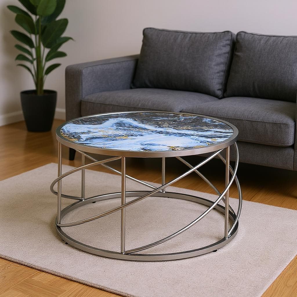 HomeRoots 33" Blue and Silver Wood and Iron Faux Marble Geometric Frame Round Coffee Table - 33.00 in. x 18.00 in. x 33.00 in.