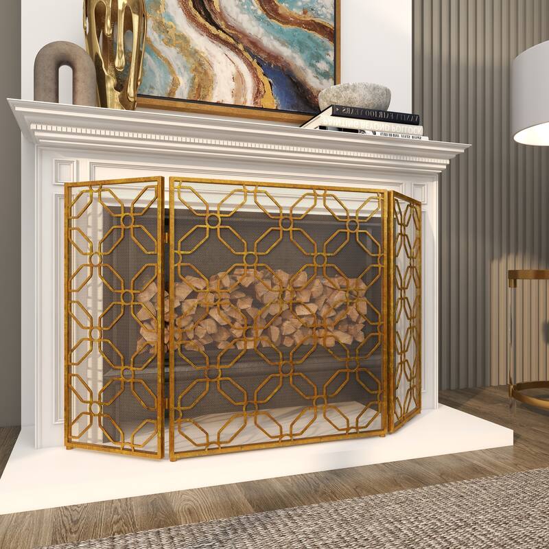 Gold Metal Foldable Mesh Netting 3 Panel Geometric Fireplace Screen