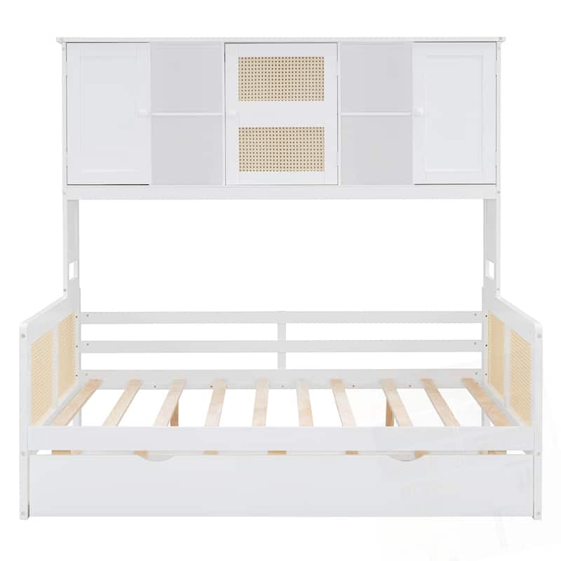 Wooden Daybed With Twin Size Trundle and All-in-One Cabinet and Shelf