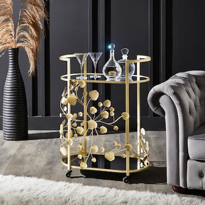 Astoria Gold Finish Foliage Bar Cart with Mirror Top and Bottom by iNSPIRE Q Bold