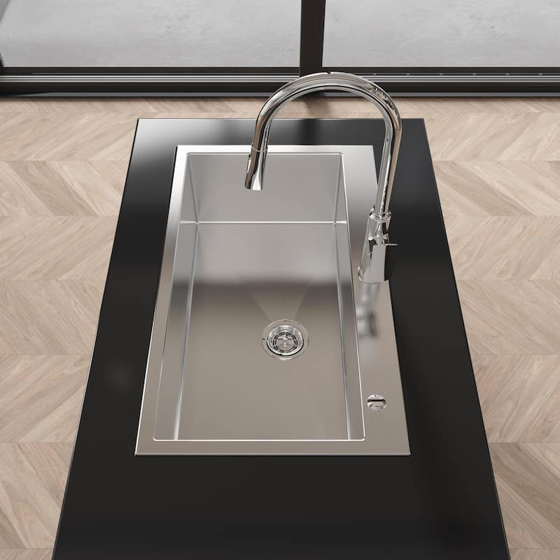 Kitchen Sink, 32″x19″ Single Bowl, Overmount Handmade Sink in Brushed Nickel, with US Standard Drain and Hook