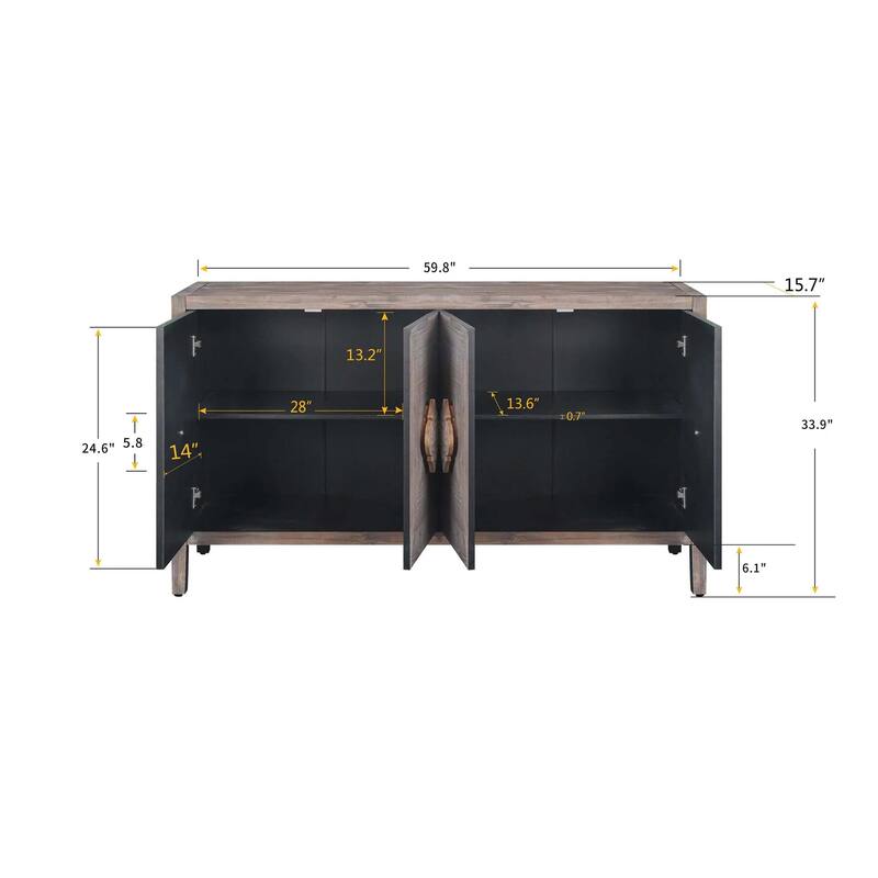 4 Door Antique Sideboard Buffet Cabinet with Carved Flower Handles, Adjustable Shelves, for Living Room, Kitchen, Hallway