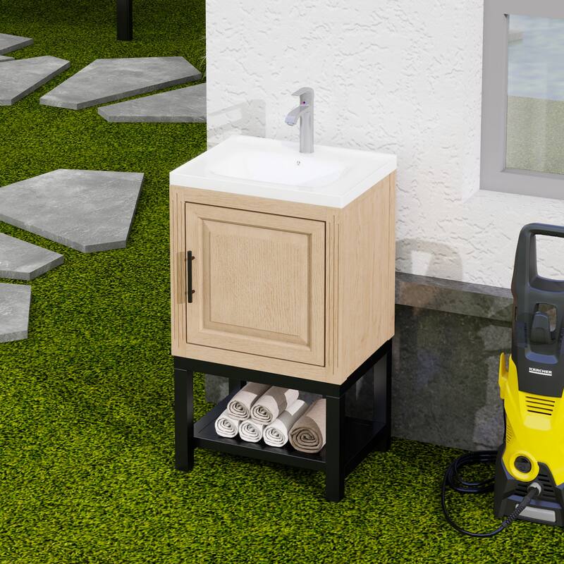 GDFStudio - CompactLine Modern Freestanding Bathroom Vanity with Ceramic Sink and Open Metal Shelf - 20 Inch