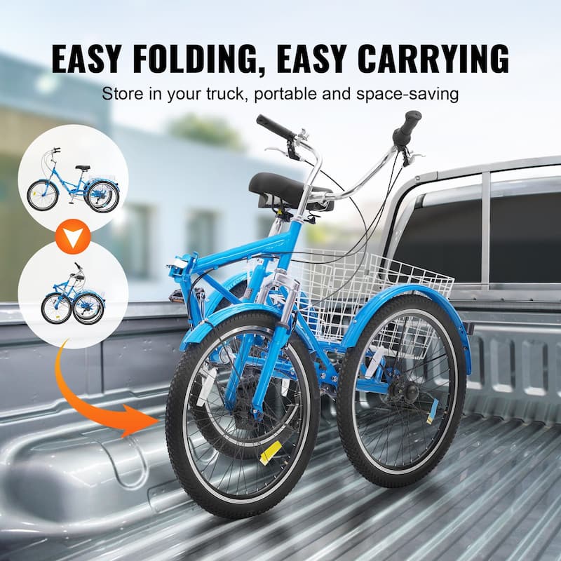 Folding 7-Speed Tricycle for Adults, 24-Inch 3-Wheel Bike with Basket & Adjustable Seat - 70.9 x 29.9 x 45.9 in