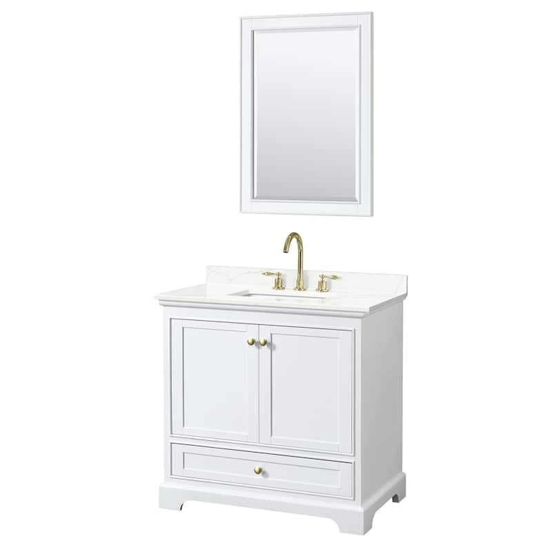 Deborah 36-inch Single Vanity, Quartz Top, 24-inch Mirror - White, Gold Trim, Giotto Quartz Top
