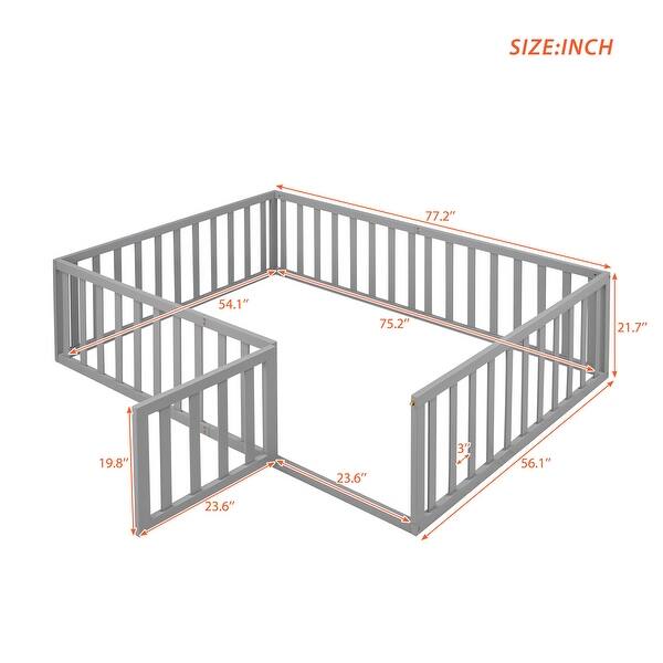 dimension image slide 1 of 4, Full Size Wooden Floor Bed Frame with Safety Fence and Privacy Door - Stylish & Minimal Daybed