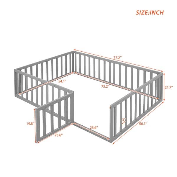 dimension image slide 2 of 4, Safe Play Area, Full Size Wooden Floor Bed Frame with Fence and Door, Open Design Low Bed for Kids, Without Slats