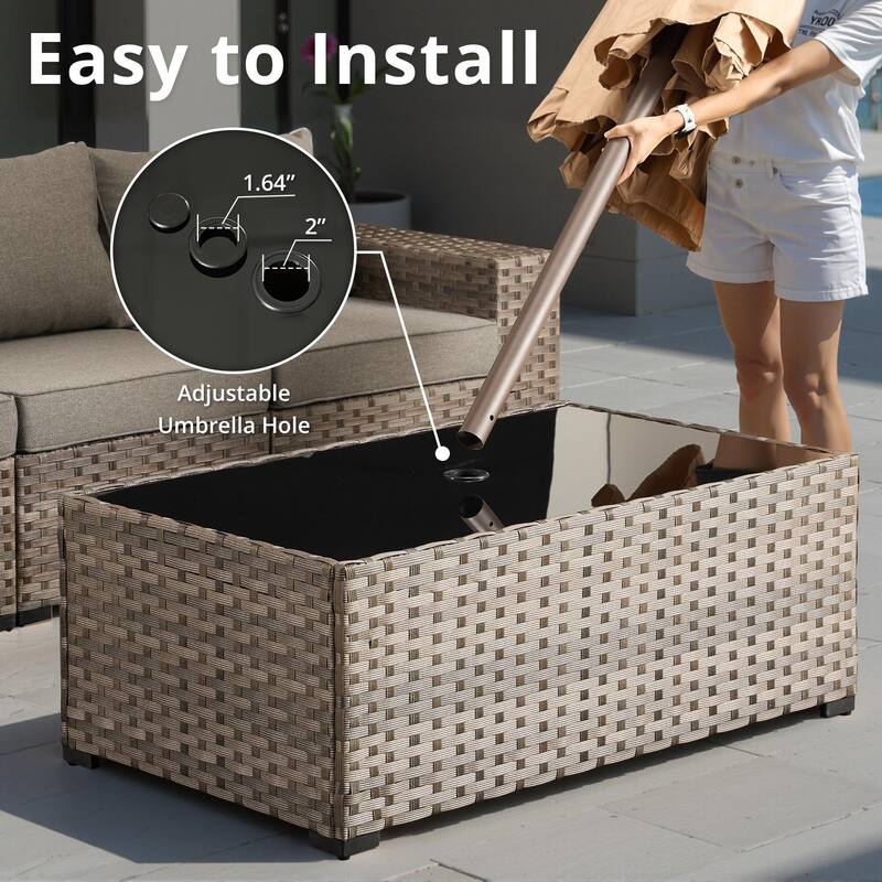 HOOOWOOO Wicker Rattan Patio Rectangle Coffee Table with Umbrella Hole