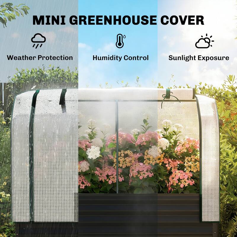 Outsunny Galvanised Raised Garden Bed with Greenhouse Cover, Metal Elevated Garden Bed with Legs, Bed Liner and Bottom Shelf