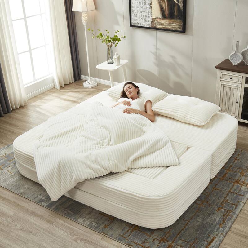 Convertible Floor Sofa Bed with Chaise Lounge, Corduroy 3-in-1 Sofa, Sofa to Bed with Dual-Purpose Blanket, No Assembly Required