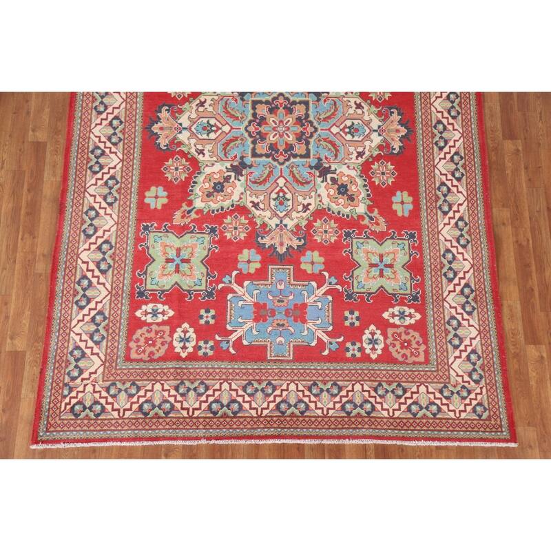 Hand Knotted Oriental 100% Wool Carpet Traditional Geometric Red Kazak Area Rug - 9' 10'' X 6' 5''