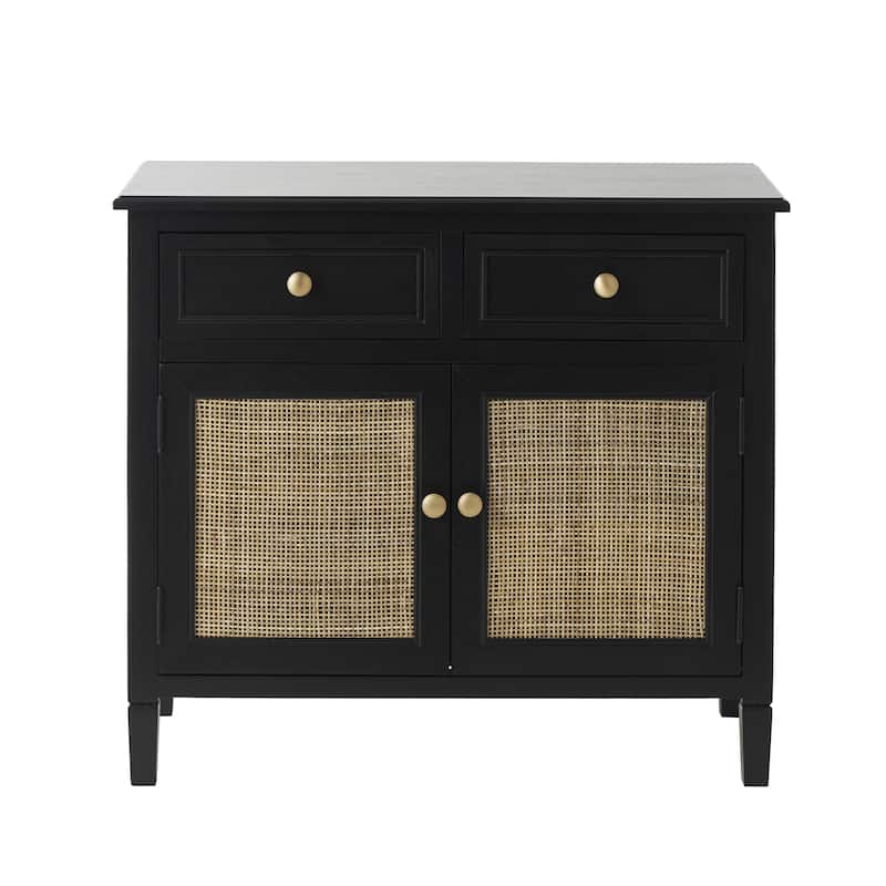 Wood Handmade 2 Door and 2 Drawer Cabinet with Rattan Front - Black - Roche River Decor