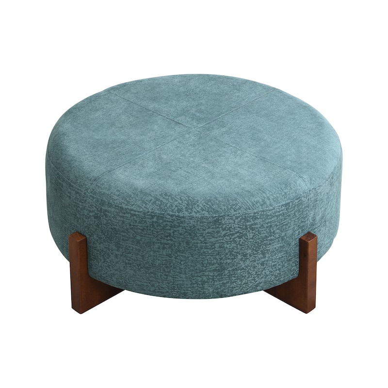 Christopher Knight Home - 34" Round Tufted Upholstered Cocktail Ottoman, Leather Coffee Table with Solid Wood Legs