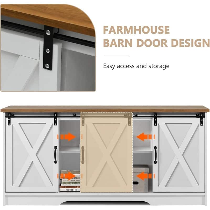 Modern Farmhouse Wood TV Stand for TVs up to 58 inches, with Sliding Barn Doors, 3 Adjustable Shelves