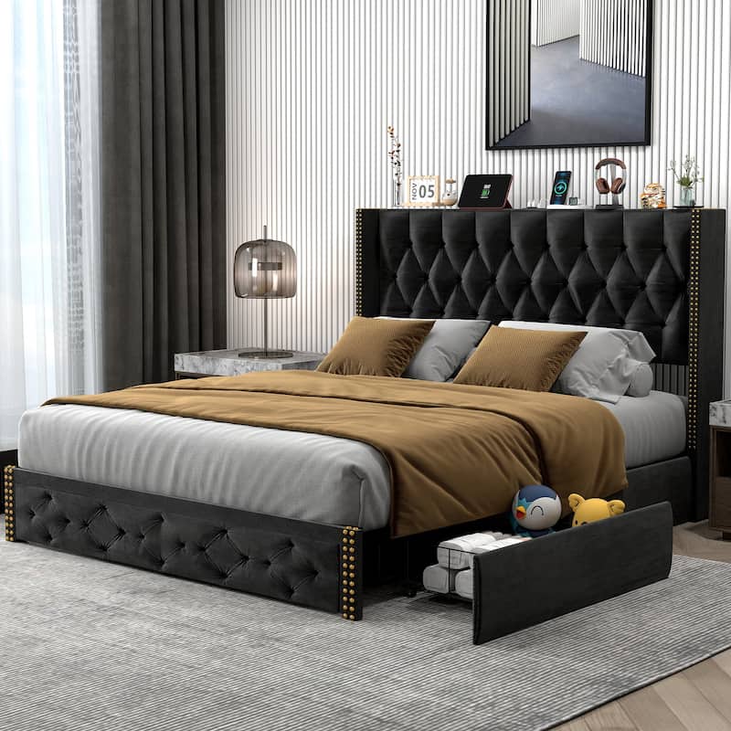 Full Size Bed Frame with 2 Storage Drawers and Wingback Headboard, Velvet Upholstered Platform Bed Frame with Charging Station