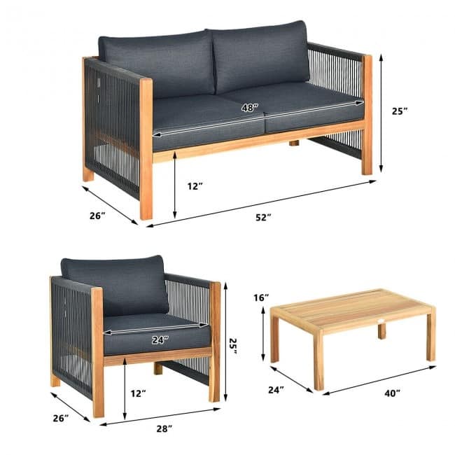 4 Pcs Acacia Wood Outdoor Patio Furniture Set with Cushions - 52" x 26" x 25" (L x W x H)