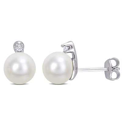 Miadora 8-8.5mm Cultured Freshwater Pearl Diamond Accent Stud Earrings Sterling Silver