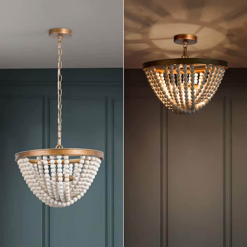 Modern Wood Beaded 3-light Chandelier Antique Brass Bowl Glam Dining Room Pendant Light - D 15.5'' x H 71.5''