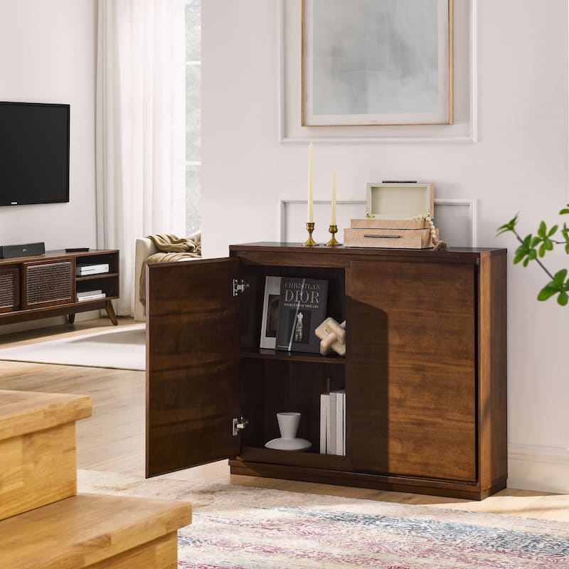 Anmytek Dark Brown Wood Storage Cabinet Modern Rustic Double Door Console for Living Room and Home Office