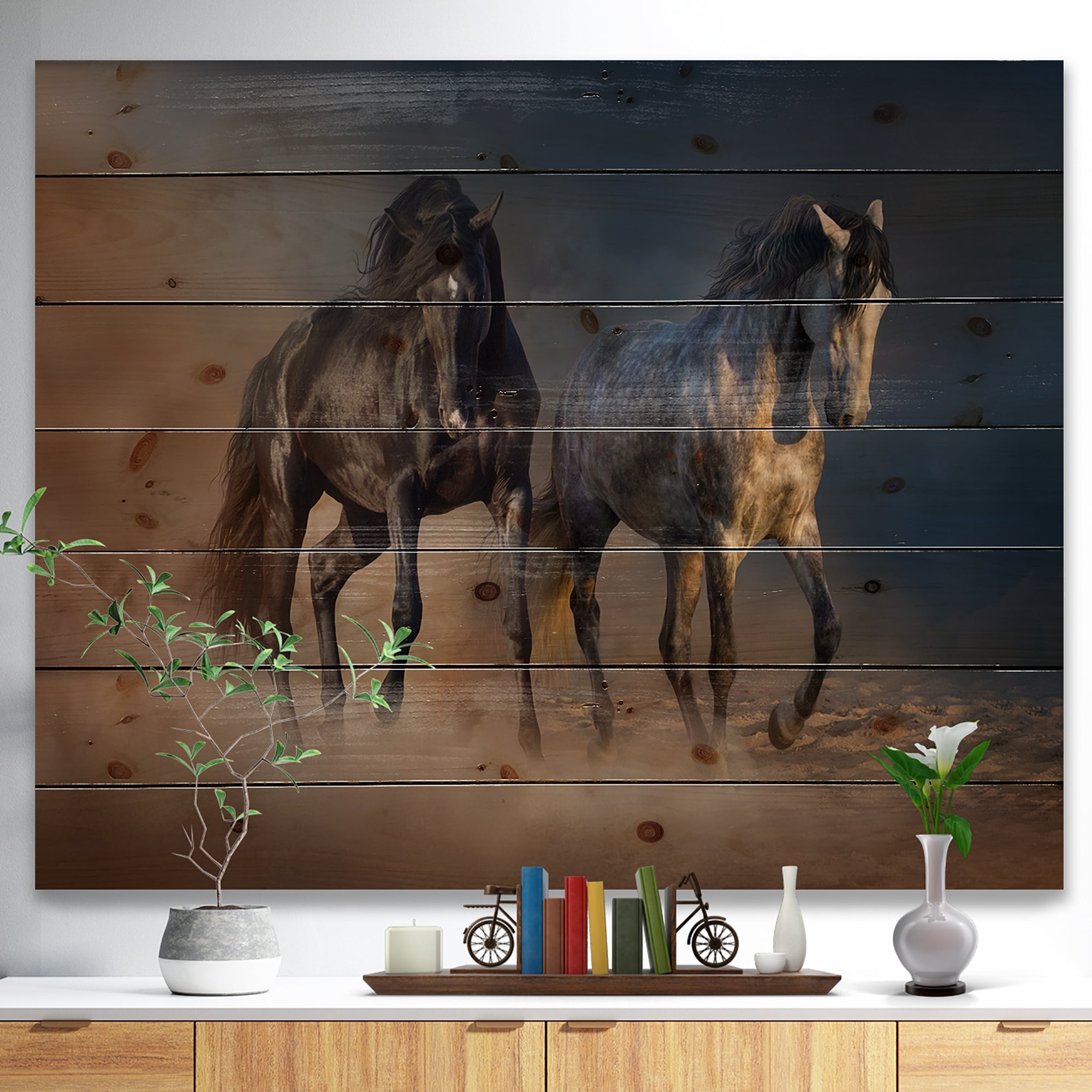 Designart 'Black And White Horse Run' Traditional Wood Wall Art  Dundefinedcor Natural Pine Wood Bed Bath  Beyond 36739062