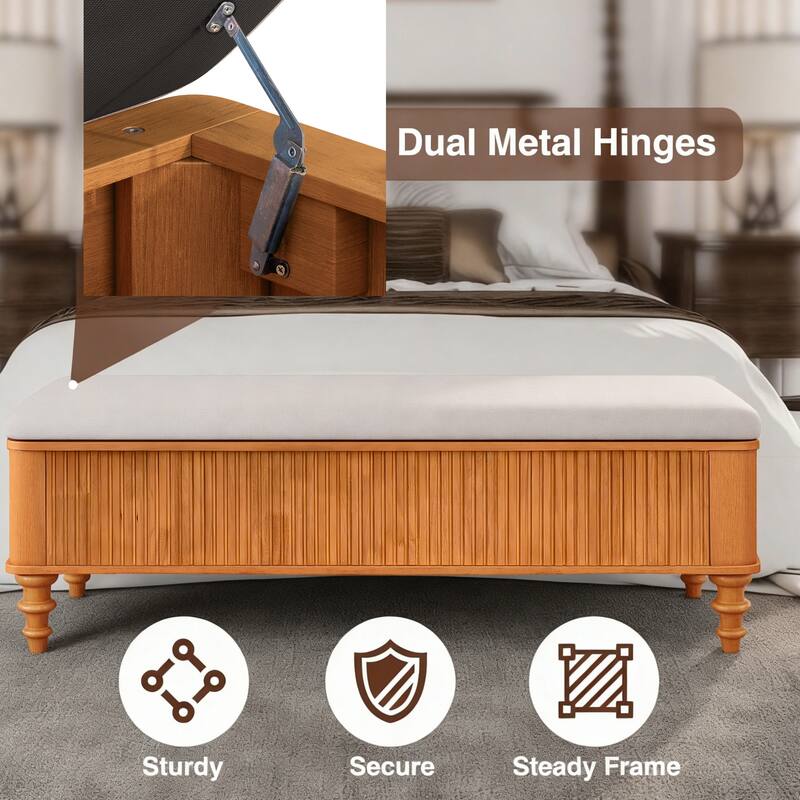 50.8-inch Multi-Functional Storage Ottoman Bench-Solid Rubberwood Bed End Bench with Linen Seat, Storage Bench for Bedroom