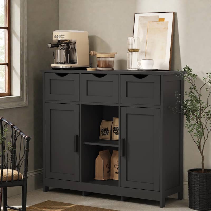 Wooden Storage Cabinet with Drawers and Adjustable Shelves, Floor Accent Cabinet for Living Room Bedroom - Black