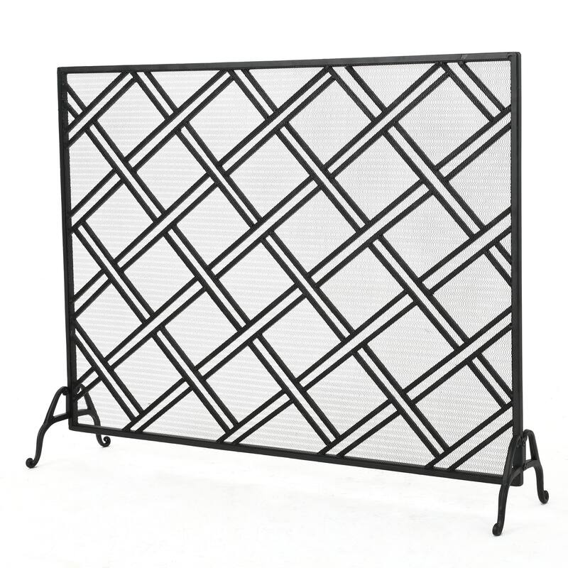 Roomfitters Single Panel Iron Fireplace Screen, Modern Diagonal Lattice Geometric Spark Guard for Hearth Safety, Mesh, Black