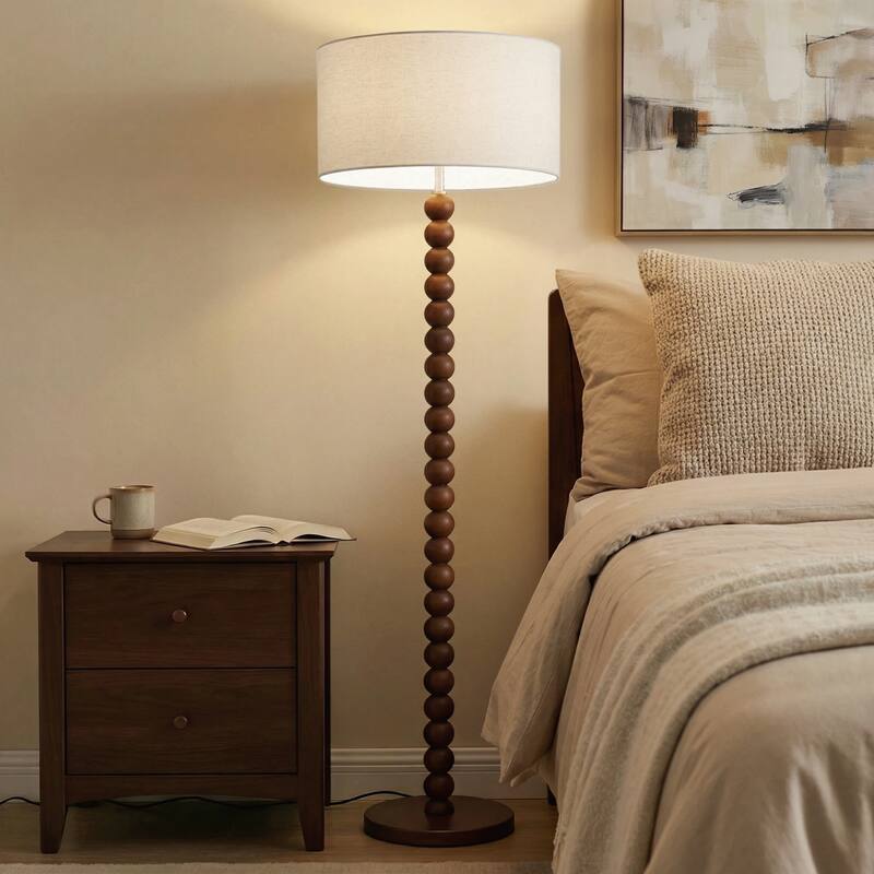 61" Wooden Beaded Floor Lamp, Retro Walnut Finish Standing Lamp with Linen Shade, Rubberwood Base for Living Room, Bedroom
