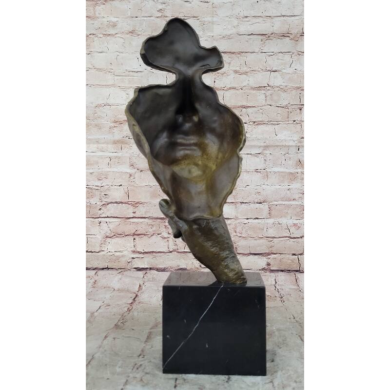 Abstract Dali Bronze Face Sculpture – Silence Shushing Statue On Marble Base