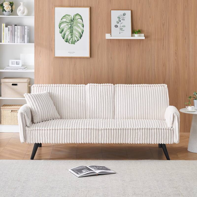 Corduroy Convertible Sleeper Sofa Bed, Upholstered Loveseat with Armrests, Small 2 Seater Sofa with Retractable Cup Holder - White