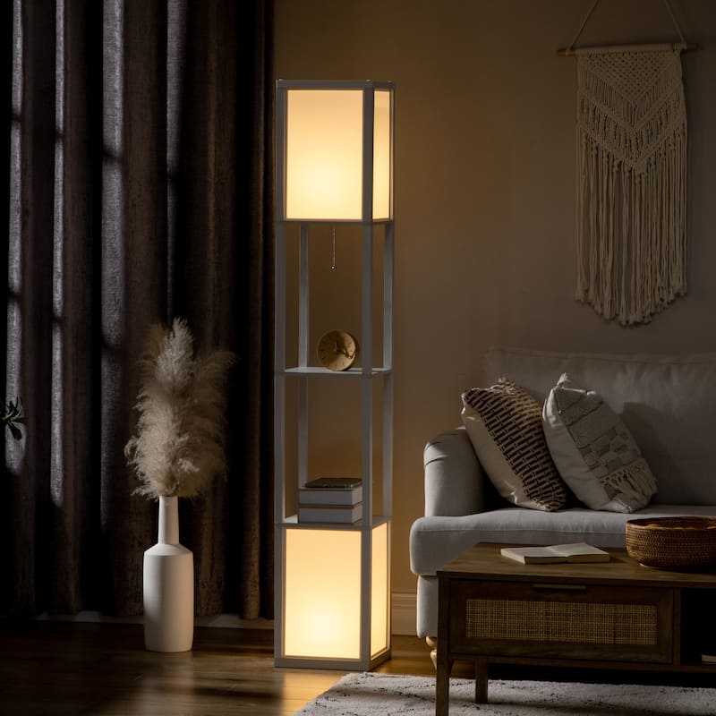HOMCOM Floor Lamp with Shelves, Dual Light, Modern Tall Standing Lamps, with Fabric Lampshade (Bulb not Included) - White