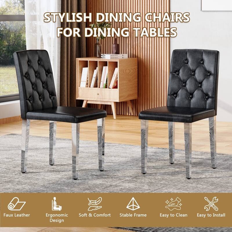 4-pack black PU dining chairs: ergonomic buckle backrest,35 inches high,silver metal legs,a low-key luxury choice.