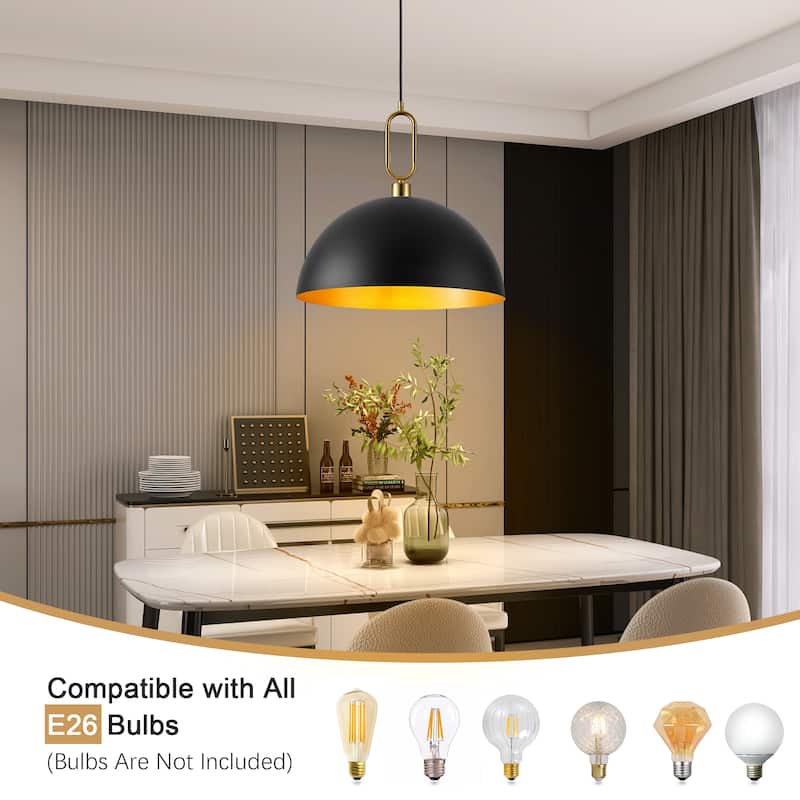 1-Light Industrial Metal Dome Pendant with Golden Ring Accent